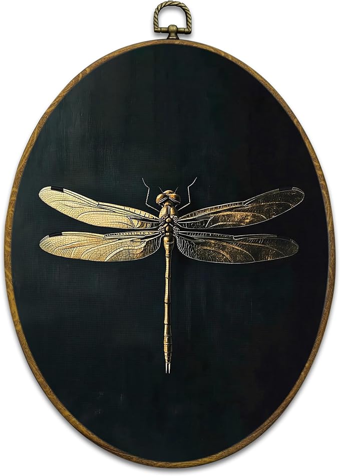 Mcehtle Moody Dragonfly Wall Art Decor, Vintage Dark Academia Insect Oval Framed Canvas Prints 8.6x11.4, Cottagecore Minimalist Round Wall Hanging Artwork Decorations for Gallery Bedroom Living Room