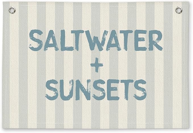 Coastal Beach Saltwater Sunsets Grey Striped Kids Room Decor - Linen Banner Wall Hanging Canvas Banner Flag Decor for Kids Toddler Bedroom Nursery Playroom
