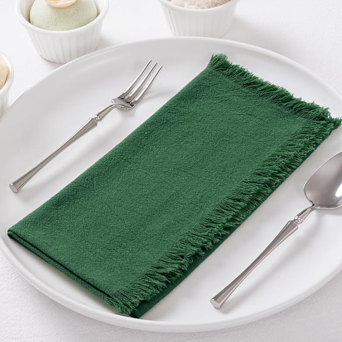 12 Pack Dark Green Cotton Linen Napkins with Fringe Christmas Green Cloth Napkins Set of 12 Boho Handmade Dinner Napkins Bulk for Wedding Bridal Baby Shower Valentine's Day, 17 x 17 Inches