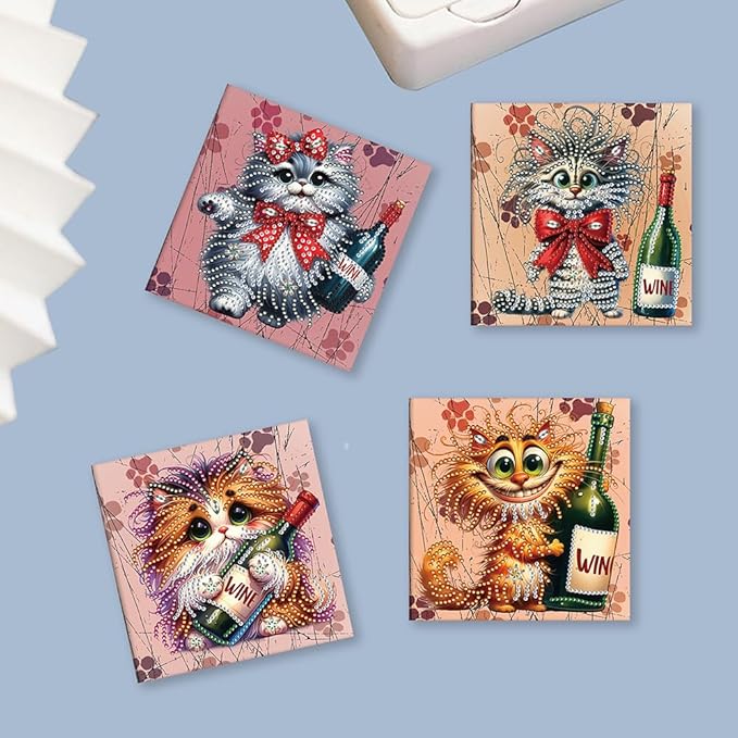 C'eitura 6Pcs DIY Diamond Art Greeting Cards, Fun Cat with Wine Bottle Design Blank All Occasion Cards with Envelopes, Unique Birthday Thank You Note for Cat Lovers, Wine Enthusiasts & Party Friends