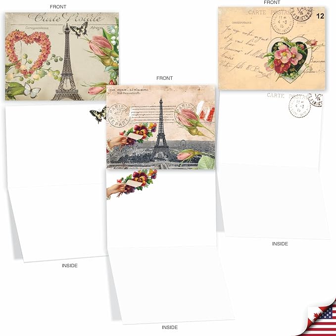 The Best Card Company - 10 Retro Blank Cards with Envelopes (4 x 5.12 Inch) - Artistic Boxed Assortment, Vintage Note Cards - Parisian Postcards M2355OCB