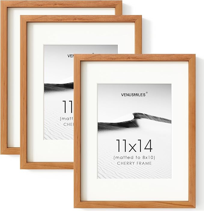 11x14 Picture Frame Set of 3, USA-Sourced Natural Cherry Wood Photo Collage Frame with HD Tempered Glass, Modern Simple 11 x 14 Wooden Frame Matted to 8x10, Vertical & Horizontal Wall Hanging Display