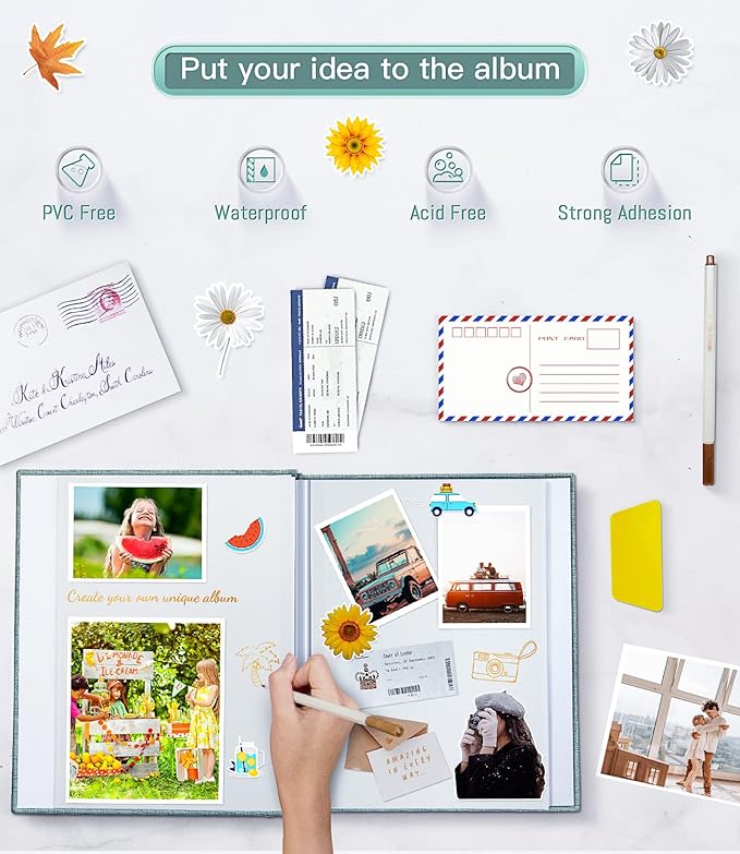 popotop Photo Album Self Adhesive with Picture Display Window,60 Pages DIY Scrapbooking Supplies Kit for 4x6 8x10 Picture,Linen Cover Memory Book for Baby Wedding, with Scraper and Metallic Pen