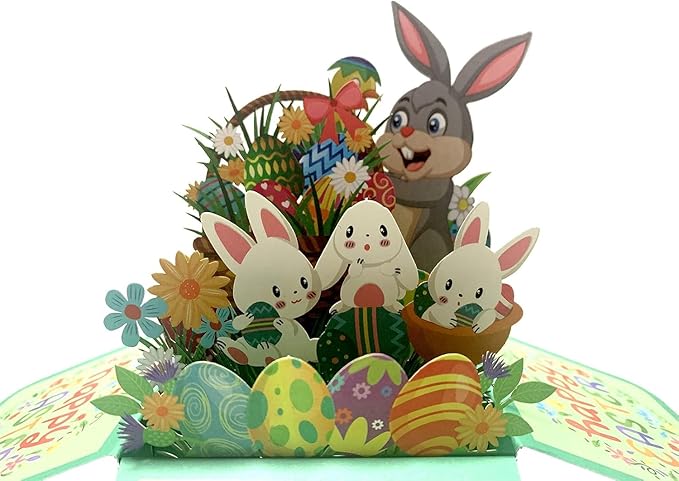 Easter Pop Up Cards - 3D Bunny & Eggs Greeting Card with Floral Design | Unique Easter Gifts for Family, Kids, Adults | Funny Basket Stuffer for Husband, Wife, Boys & Girls