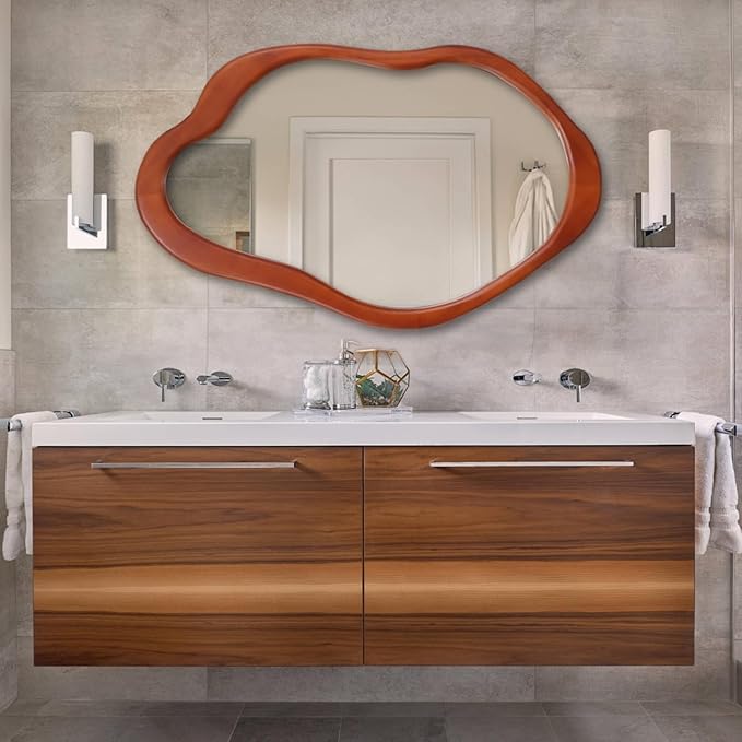 32"x 20" Wavy Cloud Mirror Irregular Wall Mirror with Wood Frame, Modern Decorative with Hanging Hooks, Asymmetrical for Bedroom Living Room Entryway Walnut Color