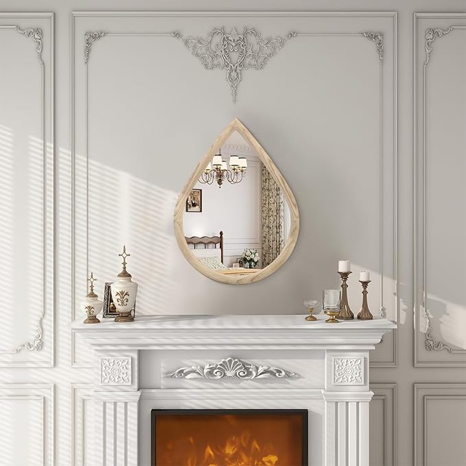Teardrop Wall Mirror Small Natural Wood Framed Wall Hanging Mirror Irregular Mirrors for Wall Decorative Farmhouse Bedroom Bathroom Entryway Mirrors