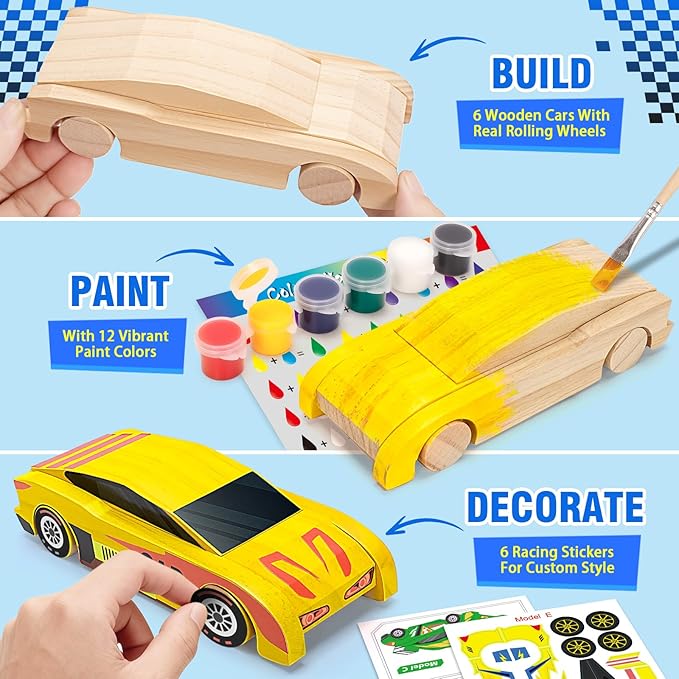 Arts & Crafts Kit DIY Toys for Kids Age 8-12, Build & Paint Your Own Wooden Car, 6 Race Cars, Easy to Assemble Painting Sets, Christmas Birthday Gifts for 4 5 6 7 8 9 10 11 12 Year Old Boys Girls.