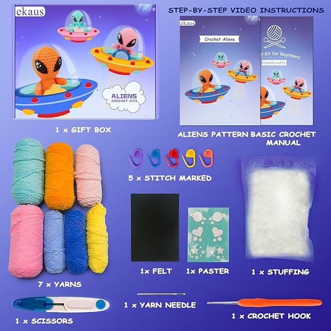 ekaus Crochet Kit for Beginners, Crochet Kit with Step-by-Step Video Tutorials, Crochet DIY Knitting Supplies for Adults, Crochet Aliens(45%+ Yarn)