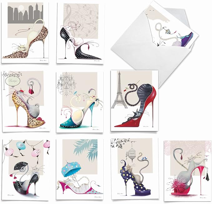 The Best Card Company - 10 Blank Note Cards for Women (4 x 5.12 Inch) - Assorted Fashion Greeting Cards for All Occasions - Catitude Shoes M3324