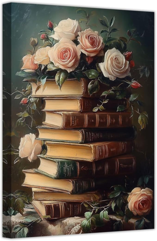CHAOSETKEN Vintage Books Wall Art Flower and Books Canvas Prints Moody Floral Pictures Aesthetic Poster Rustic Still Life Artwork for Library Office Decor Framed (Black,30" L x 20" W)