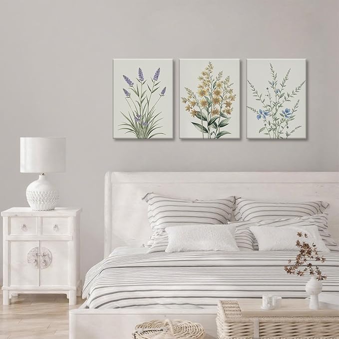 TUEASKY 3 Piece Framed Colorful Wildflower Wall Art Vintage Botanical Canvas Wall Decor Watercolor Floral Prints Poster for Living Room Bedroom Office 12x16in