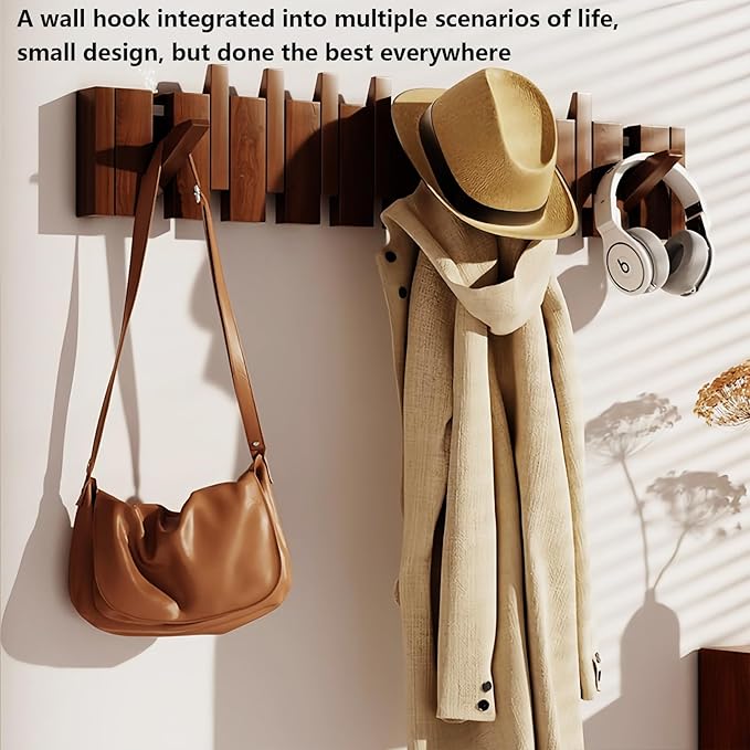 Wall Mounted Coat RackHooks Piano Key Hangers Natural Solid Wood Hanger Non-Woven Fabric Clothes Hangers for Closet, Kitchen, Bedroom, Bathroom, Entryway (Walnut, 4 Hooks)