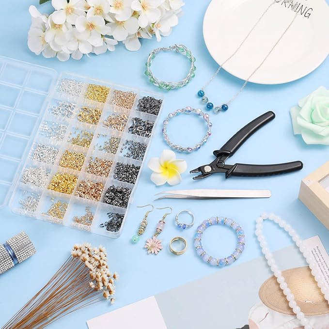 Acejoz 2160 Pieces Crimp Beads Kit for Jewelry Making, Knot Covers, Crimp Bead Covers, Crimp Tubes, Jump Rings and Wire Guardians with Crimping Pliers, Elastic String for Bracelets Necklaces Making