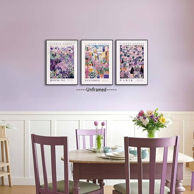 XLARTMY Flower Market Wall Art Prints Canvas Purple and Pink Floral Paintings Colorful Botanical Travel Flower Posters for Home Decor Pictures Set of 3 for Living Room Bedroom 16x24in Unframed