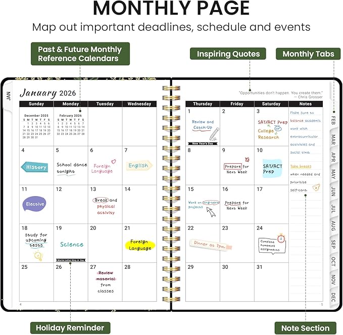 2026 Planner, Weekly and Monthly Calendar Planner for Women, Jan 2026 - Dec 2026, Hardcover Planning Agenda book with Tabs, Spiral Bound, Inner Pocket, Perfect for School Office Supplies, 6.3" x 8.5" - Ladybug Garden