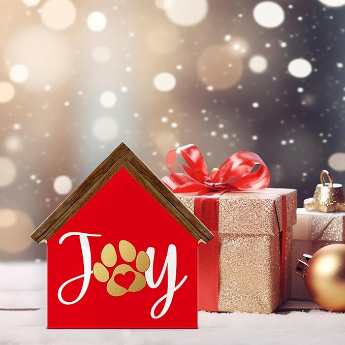 Joy Christmas Sign Decorations, Dog Paws House Shaped Wooden Sign, Rustic Christmas Decor for Farmhouse Home Office