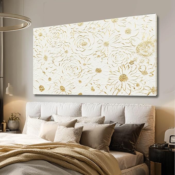 YJYart Floral Wall Decor White and Gold Decorations Simple Wall Art 24"x48" Office Wall Pictures Oil Paintings for Bedroom