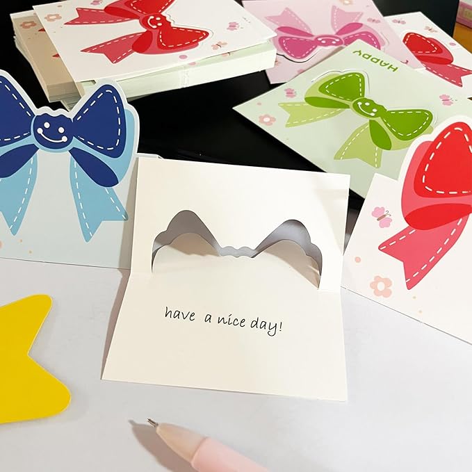 100pcs cute Mini Bow Blank greeting cards, small blank Note Cards, Folded 3.5 x 2 inch, 4 colors design for gifts,messages