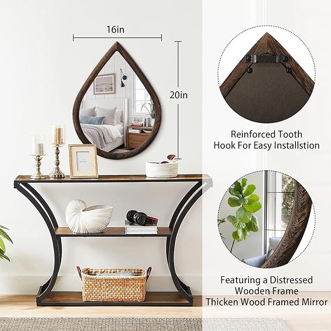 Wood Frame Mirrors for Wall Rustic Retro Hanging Mirrors Drop Shaped Wall Decor Mirror Wall Mounted Irregular Bathroom Bedroom Mirror 16x20 Inches