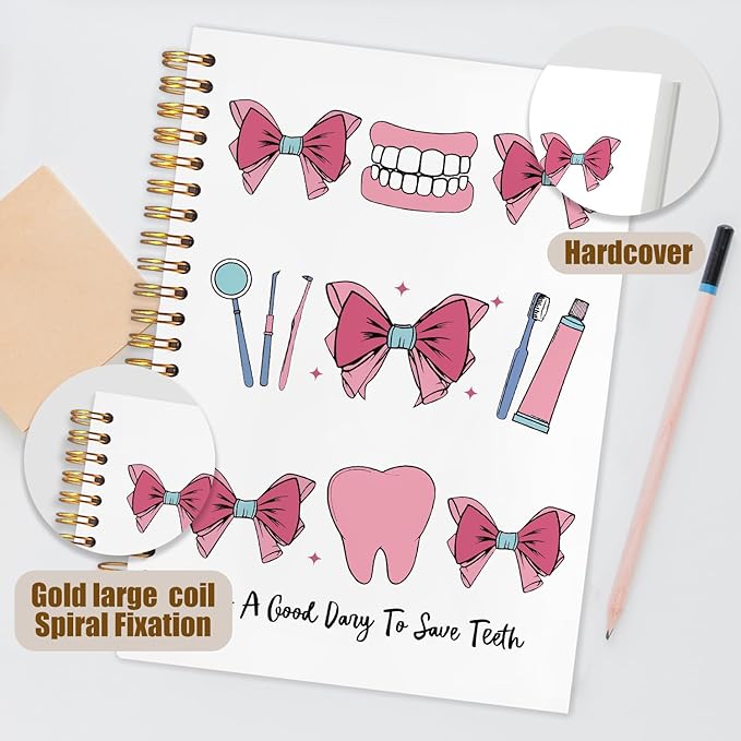 WUCHJ Dentist Gifts Notebook, Dental Hygienist Assistant Gifts Journal, Coquette Pink Bow Dental Spiral Notebook Journal for Note Taking, Dentist Office Supplies, 5.5x8.3 Inch