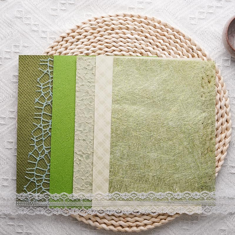 15Pcs Handmade Scrapbook Art Paper Craft Textured Paper Colorful A5 sheet Mesh Special Mix for Scrapbooking Junk Journal Journaling Supplies DIY Materials,5.8x8.2 inches (Green) - Image 2