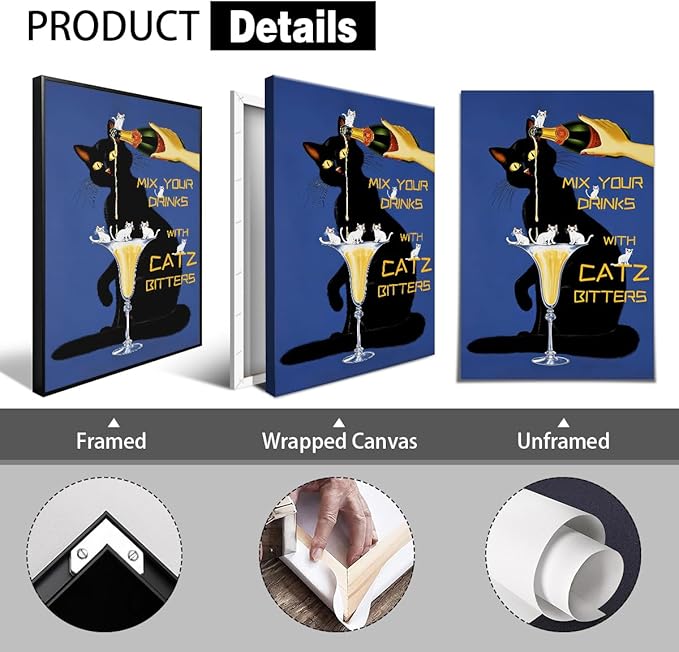 Black Cat Canvas Wall Art, Classic Mix Your Drinks with Catz Bitters Poster, Trendy Liquor Beverage Picture Kitchen Bar Cart Wall Decor, Funky Pub Man Cave Alcohol Themed Print 12x16in Framed
