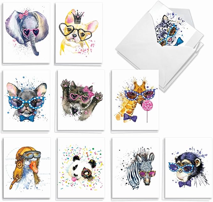 The Best Card Company - 20 Bulk Animal Note Cards Blank (4 x 5.12 Inch) - Fun Assorted Notecards with Envelopes (10 Designs, 2 Each) - Funky Colorful Creatures AM6749OCB-B2x10