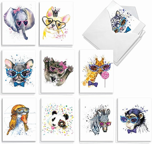 The Best Card Company - 20 Bulk Animal Note Cards Blank (4 x 5.12 Inch) - Fun Assorted Notecards with Envelopes (10 Designs, 2 Each) - Funky Colorful Creatures AM6749OCB-B2x10