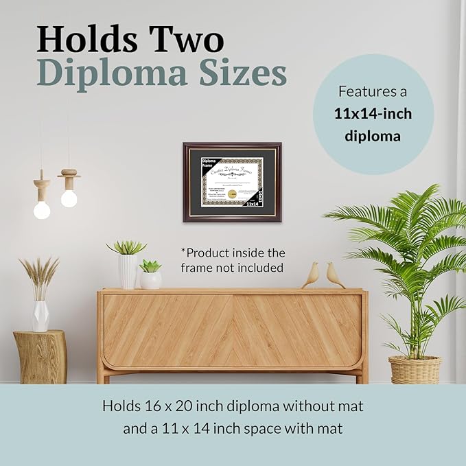 Creative Picture Frames 11x14 Mahogany Gold Rim Diploma Frame with Black Mat Glass and Installed Wall Hangers | Frame Holds 16x20 Media without Mat