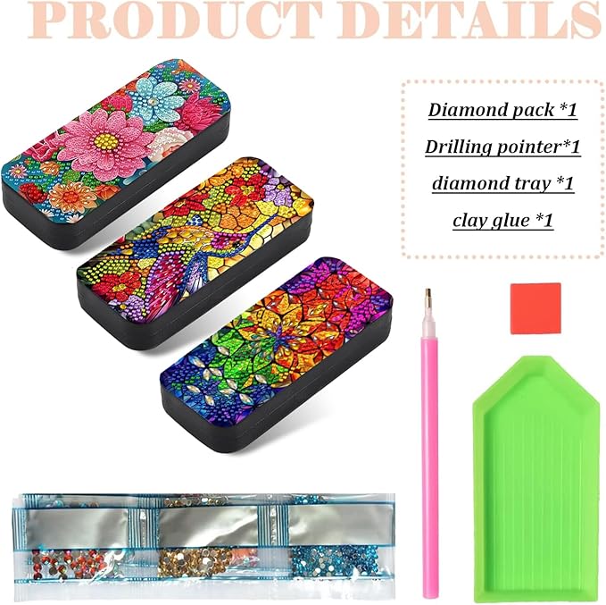 Leatrice 3Pack Flower Diamond Art Kits for Adults Small Diamond Painting Kits Diamond Dots Gem Art Painting DIY Eyeglasses Case with Special Shaped Rhinestone for Beginner Women