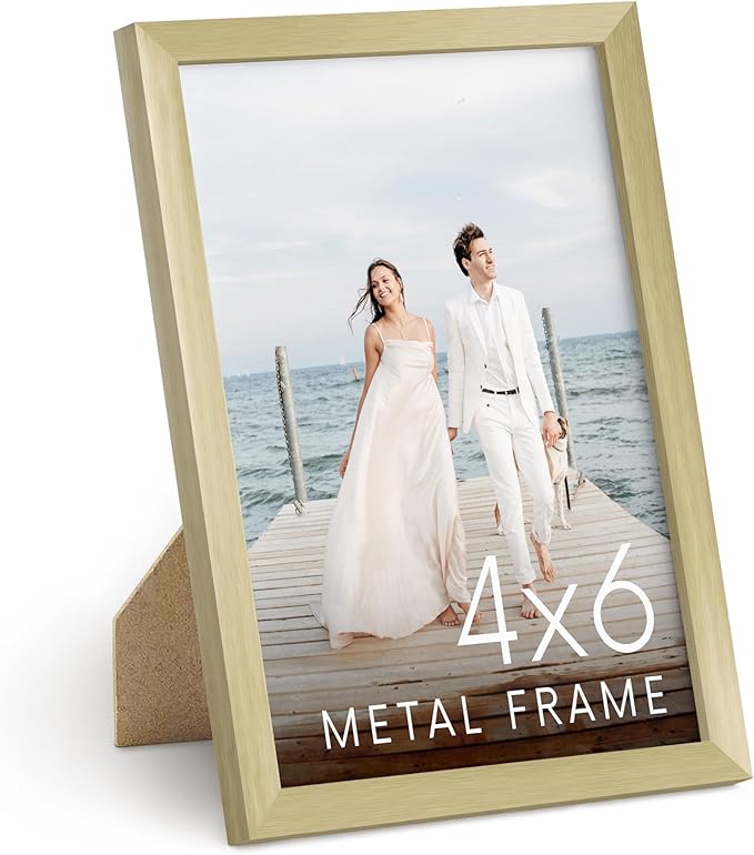 HAUS AND HUES 4x6 Gold Picture Frame - Modern Brush Finish - Lightweight 4x6 Frame for Photos, Posters, Prints - Vertical Hanging & Tabletop Display