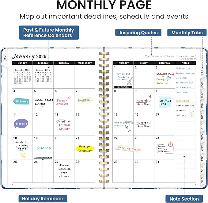 2026 Planner, Weekly and Monthly Calendar Planner for Women, Jan 2026 - Dec 2026, Hardcover Planning Agenda book with Tabs, Spiral Bound, Inner Pocket, Perfect for School Office Supplies, 6.3" x 8.5" - Blue Art