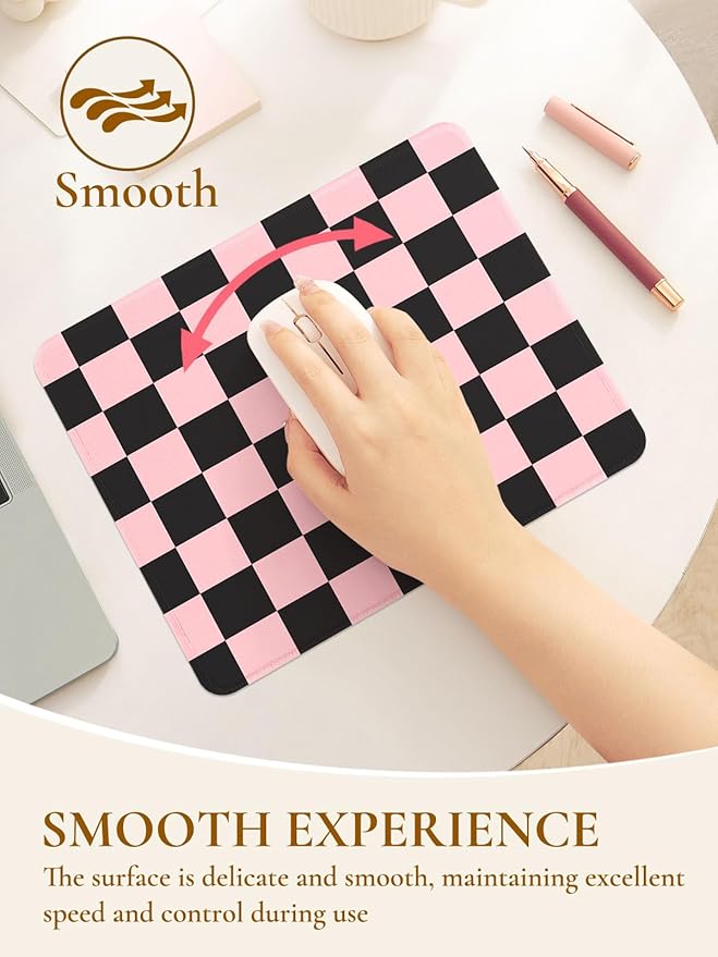 Cute Pink Mouse Pad,Retro Checkered Pattern Mousepad,Square Aesthetic Plaid Waterproof Grid Mouse Mat Design, Non-Slip Rubber Base Computer Funny Boho Mouse Pads, Desk Accessories,Black Pink