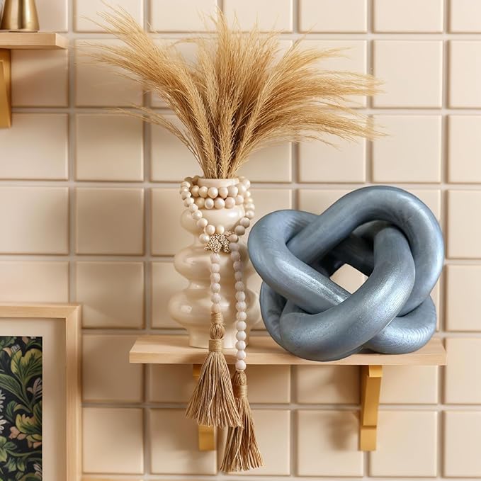 GUDAGUU Wood Knot Decor -Coffee Table Decor Shelf Decor Table Books Hand Carved Home Decoration Boho Country Rustic Modern Shabby Chic Style 3 Link Wooden Knot Chain Link Decor (Silver)