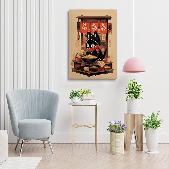 Ramen Shop Cat Poster,Noodle Black Cat Poster,Vintage Ramen Print,Lucky Cat Print,Tokyo Print,Funny Cat Shop Owner Art,Edo Period,Kitchen Wall Decor24x36Unframed