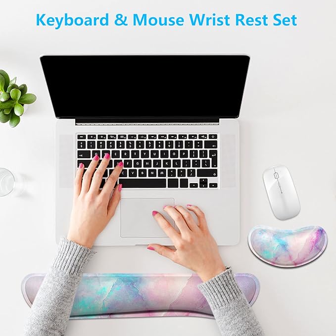 Dapesuom Enlarge Keyboard Wrist Rest, Memory Foam Wrist Cushion for Desk Mats Support, Pain Relief Keyboard Mouse Pad Rests Set with Non-Slip Base for Gaming Laptop Office Computer, Colorful Marble