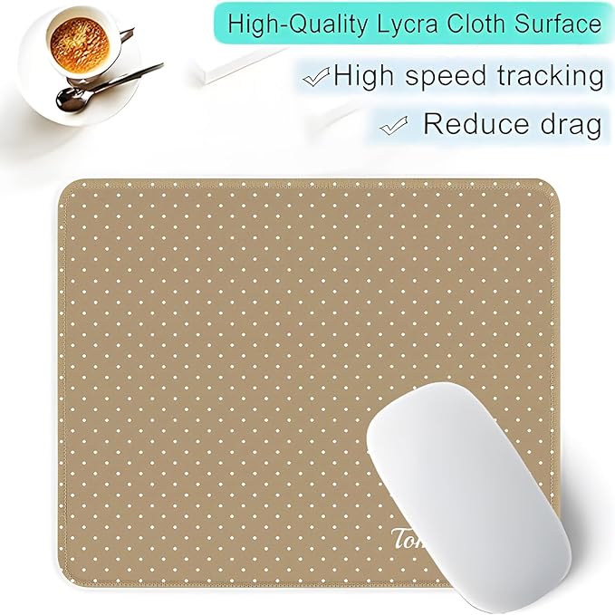 Seorsok Brown Mouse Mat,White Polka Dot Pattern,Premium Textured Mouse Pads for Office Laptop,Washable Cute Square Mousepads with Extended Stitched Edges Non Slip Rubber Base 9.5"x7.8"x0.12"Inch