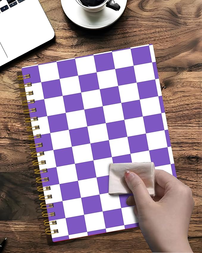 Spiral Journal Notebook,A5 Hardcover Lined Journals for Women 6 x 8.3 in,60 Sheets 120 Pages Thick Paper,Cute College Ruled Writing Notebook for Office Work School(Purple Checker)