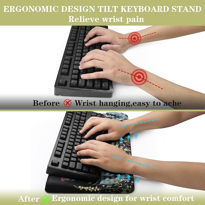 Computer Keyboard Stand Pad with Wrist Rest, Ergonomic Comfy Tilted Keyboard Holder, Keyboard Tray Support for Office Home (Flowers & Plants-Black)