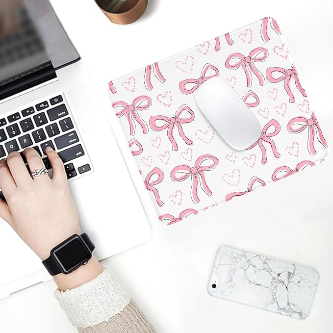 Seorsok Square Aesthetic Ribbon Bows& Love Mouse Mat,Premium Textured Mouse Pads for Office Laptop,Washable Square Mousepads with Extended Stitched Edges Non Slip Rubber Base,White