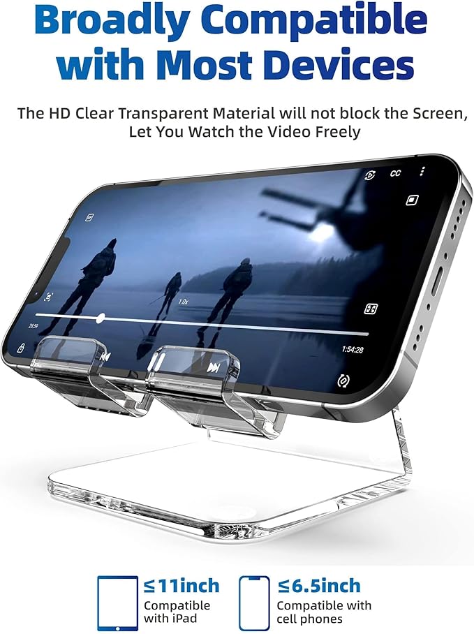 TOPGO Acrylic Cell Phone Stand, Clear Phone Holder for Office Desk, Vanity, Kitchen, Bedside Table, Compatible with iPhone 17/Smartphones/iPad/Switch/Kindle, Office Desk Accessories