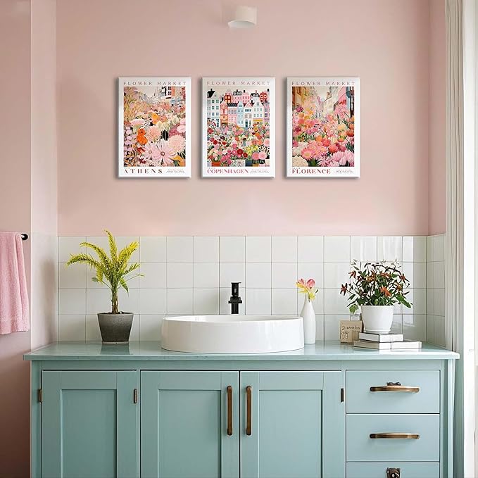 XLARTMY Flower Market Wall Art Print Canvas Framed Pink Floral Paintings Colorful Botanical Sunflower Artwork Travel Poster for Decor Picture 3 pieces for Living Room Bedroom Bathroom 12x16in