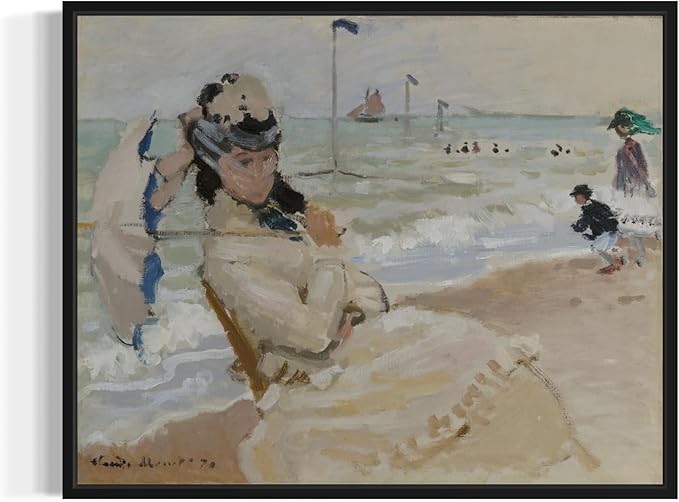Camille on the Beach Claude Monet Wall Art Print Poster, Impressionist Painting Wall Art Wall Decor, for Bedroom and Living room Bathroom Decor 115 (Camille on the Beach, 8 x 10 inches, Black Frame)