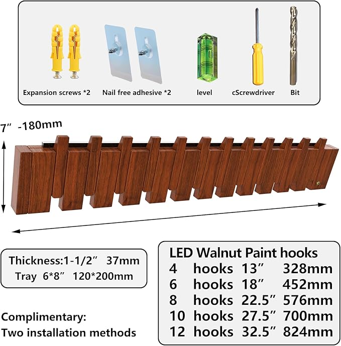 Wall Mounted Coat RackHooks Piano Key Hangers Natural Solid Wood Hanger Non-Woven Fabric Clothes Hangers for Closet, Kitchen, Bedroom, Bathroom, Entryway (Led Walnut, 4 Hooks)