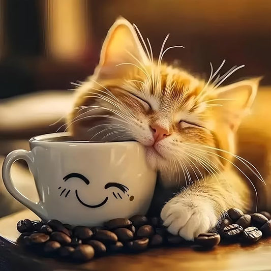Cat and Cup Diamond Art Kits for Adults, 5D Diamond Painting for Adult Beginners, DIY Full Drill Round Gem Painting Dot Art for Adults，Home Wall Decor 13.78x13.78 Inch