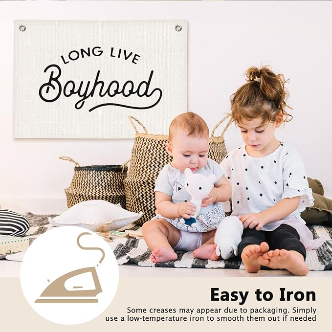 Long Live Boyhood Minimalist Boys Room Decor - Linen Banner Wall Hanging Canvas Banner Flag Decor for Toddler Boy Bedroom Nursery Playroom