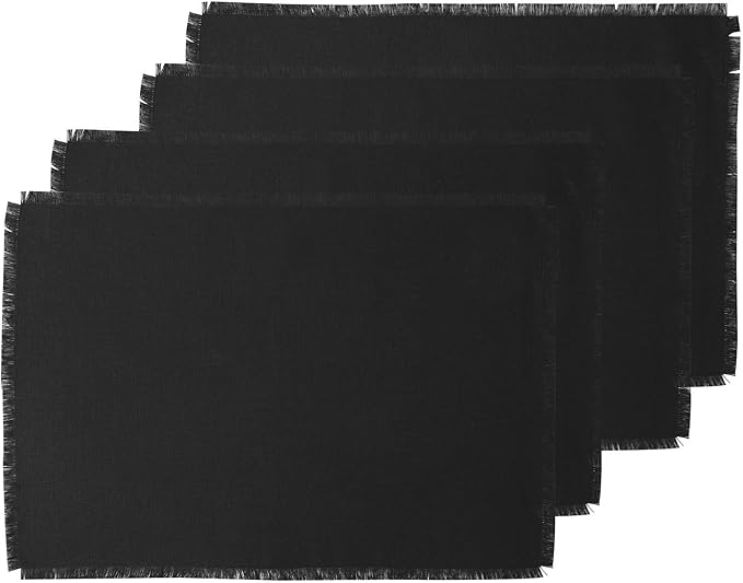 Solino Home Linen Black Placemats Set of 4 - 100% Pure Linen Placemats 14 x 19 Inch for Spring - Fringe