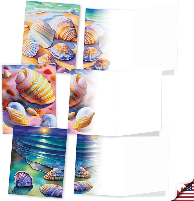 The Best Card Company 20 Assorted Blank Notecards Box Set 4 x 5.12 Inch with Envelopes (10 Designs, 2 Each) Rainbow Seashells AM10040OCB-B2x10