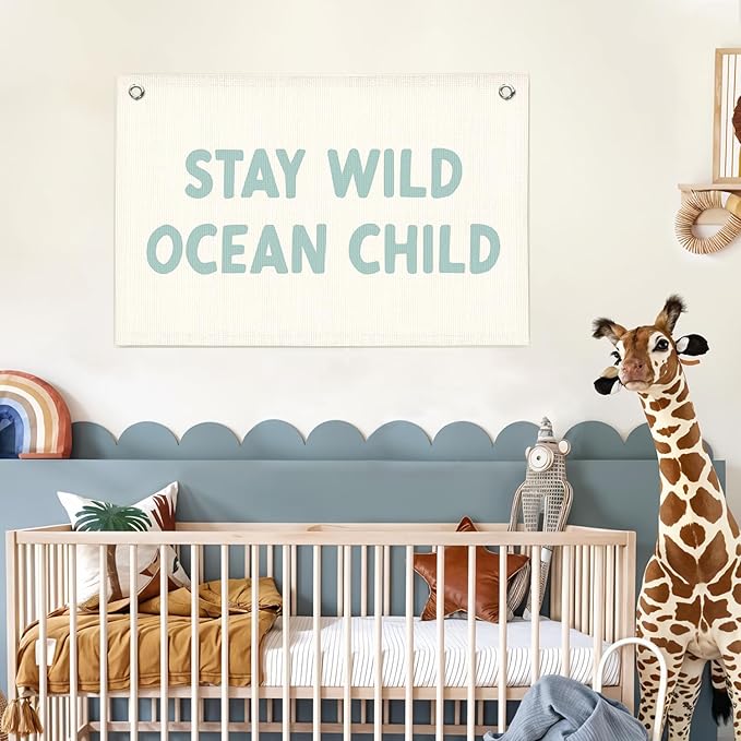 Lacama Beach Theme Wall Decor for Boys Room, Coastal Kids Playroom Nursery Hanging Sign, Stay Wild Ocean Child Linen Canvas Banner, Rustic Nautical Surf, 30x20 Inch