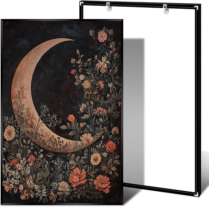 Crescent Moon Floral Canvas Poster Modern Trendy Lunar Wall Art Vintage Dark Celestial Painting Prints Whimsical Botanical Aesthetic Home Decor for Bedroom Living Room 12x16inch Metal Black Framed